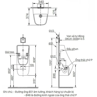 Bồn Tiểu Nam Inax AU-468VAC Treo Tường 0.5L Cấp Âm