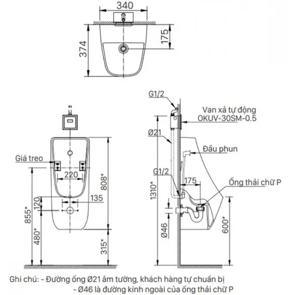 Bồn Tiểu Nam Inax AU-468VAC Treo Tường 0.5L Cấp Âm
