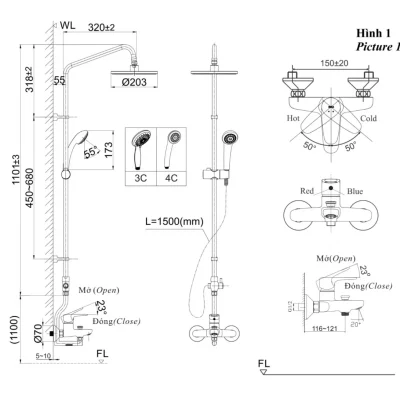 Vòi Sen Tắm Cây INAX BFV-1115S-3C-2 nóng lạnh