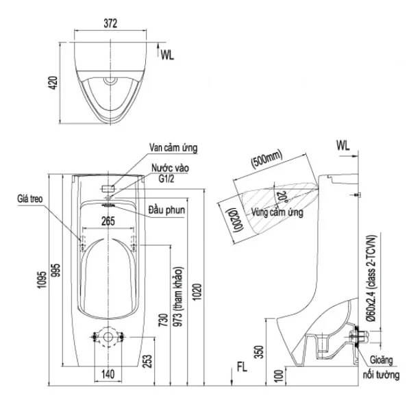 Bồn Tiểu Nam Inax ASU-500V Cảm Ứng Tự Động
