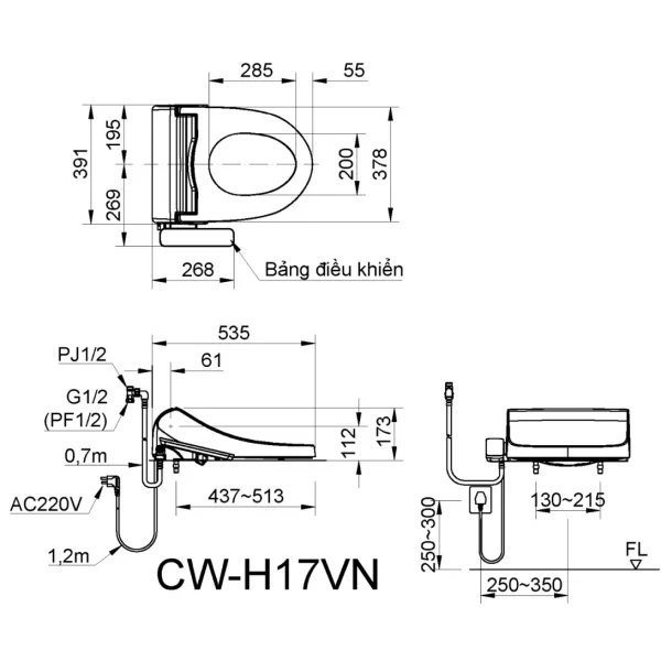 Nắp Bồn Cầu Điện Tử INAX CW-H17VN (CWH17VN)